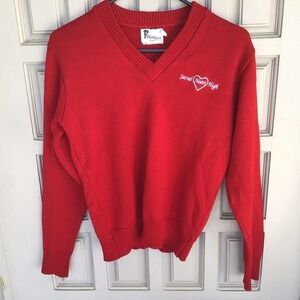 True Grits Sweater SzYL Red Sacred Heart High Long Sleeves V Neck Nostalgic